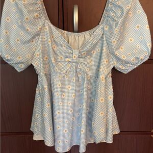 SHEIN Blue and White Gingham Floral Blouse